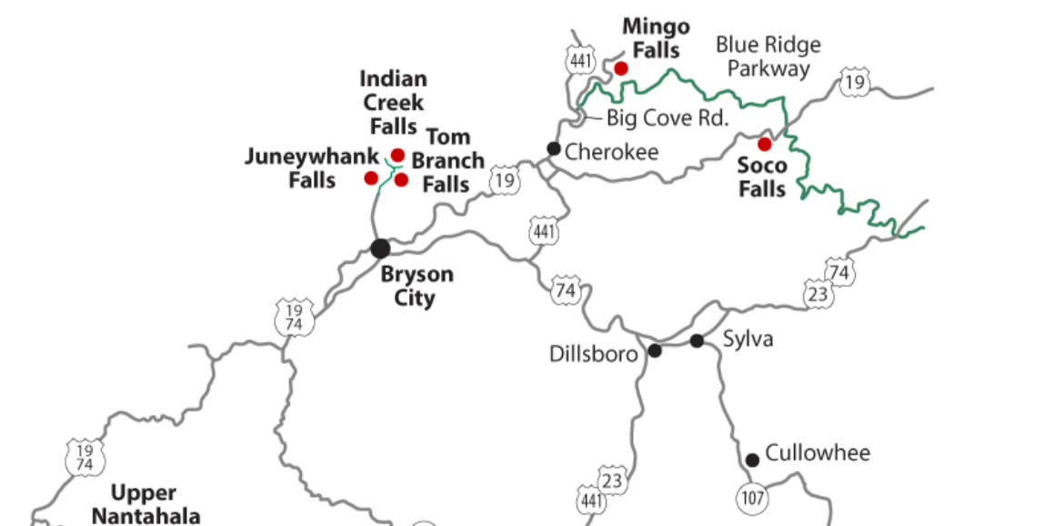 Bryson City NC Waterfall Map | Watershed Cabins Bryson City Cabin Rentals